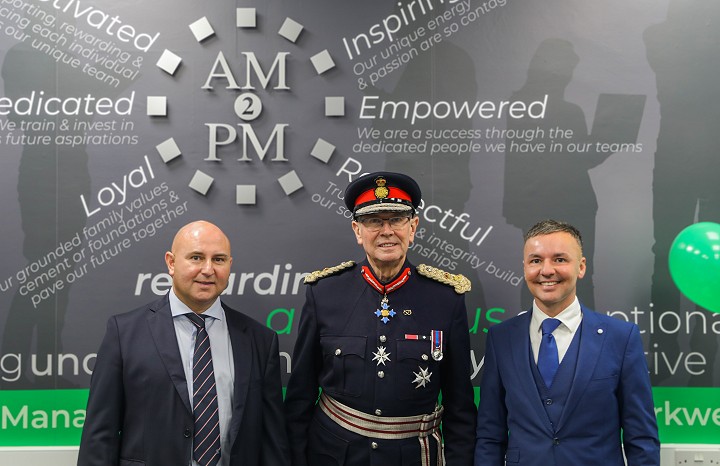 Lawrence Barton (right) with the Lord-Lieutenant of Staffordshire Ian Dudson and AM2PM's owner Peter McSheffrey